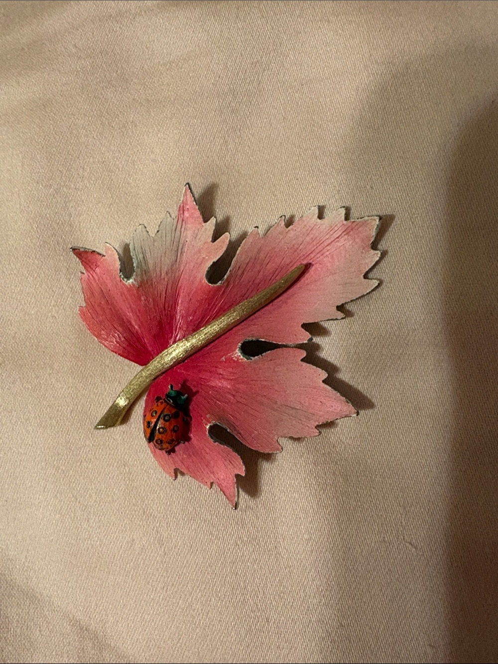 Pink Leaf Brooch with Ladybug and Gold tone Accents.